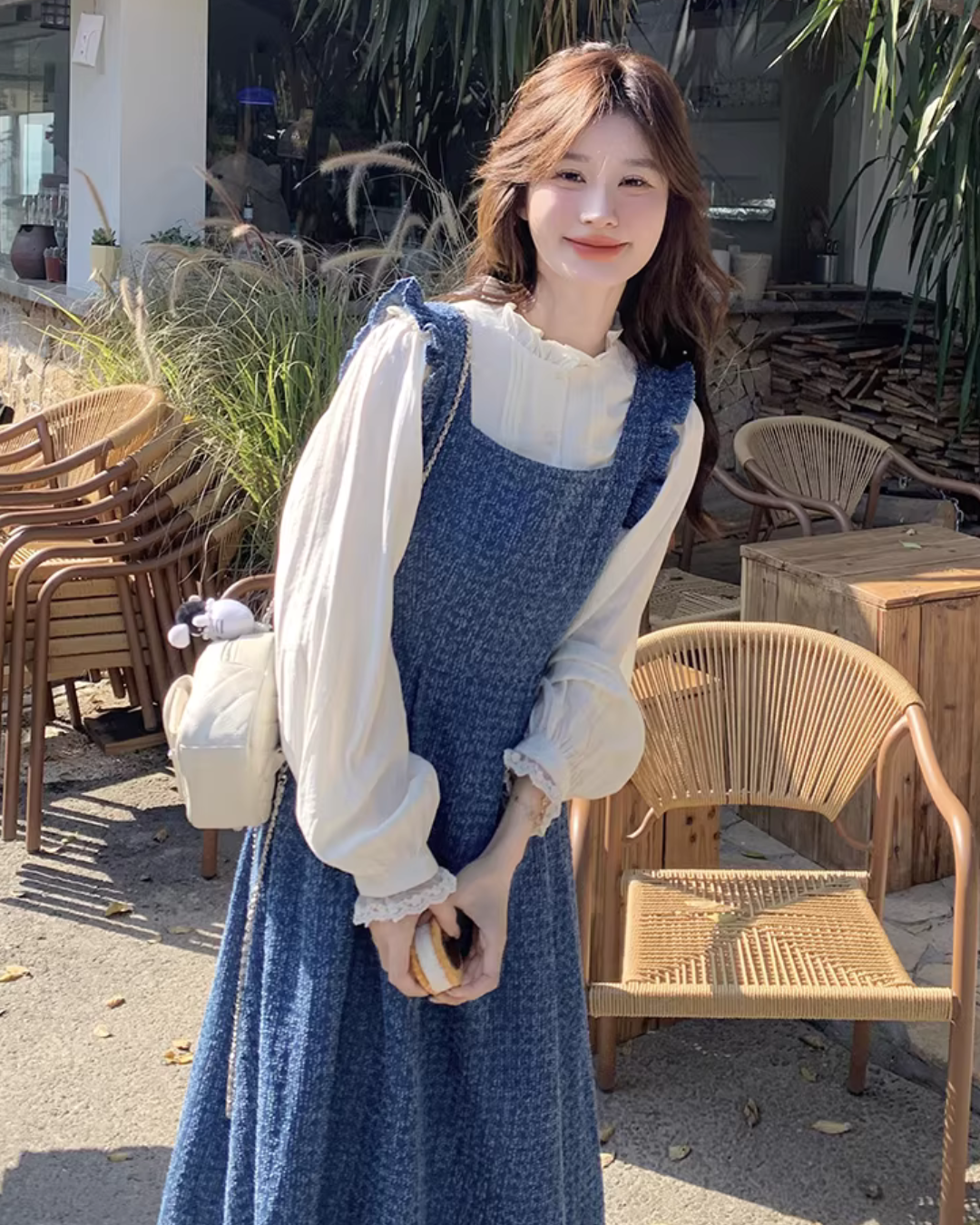Vintage Denim Suspender Dress / Frilled Blouse QAZ0041