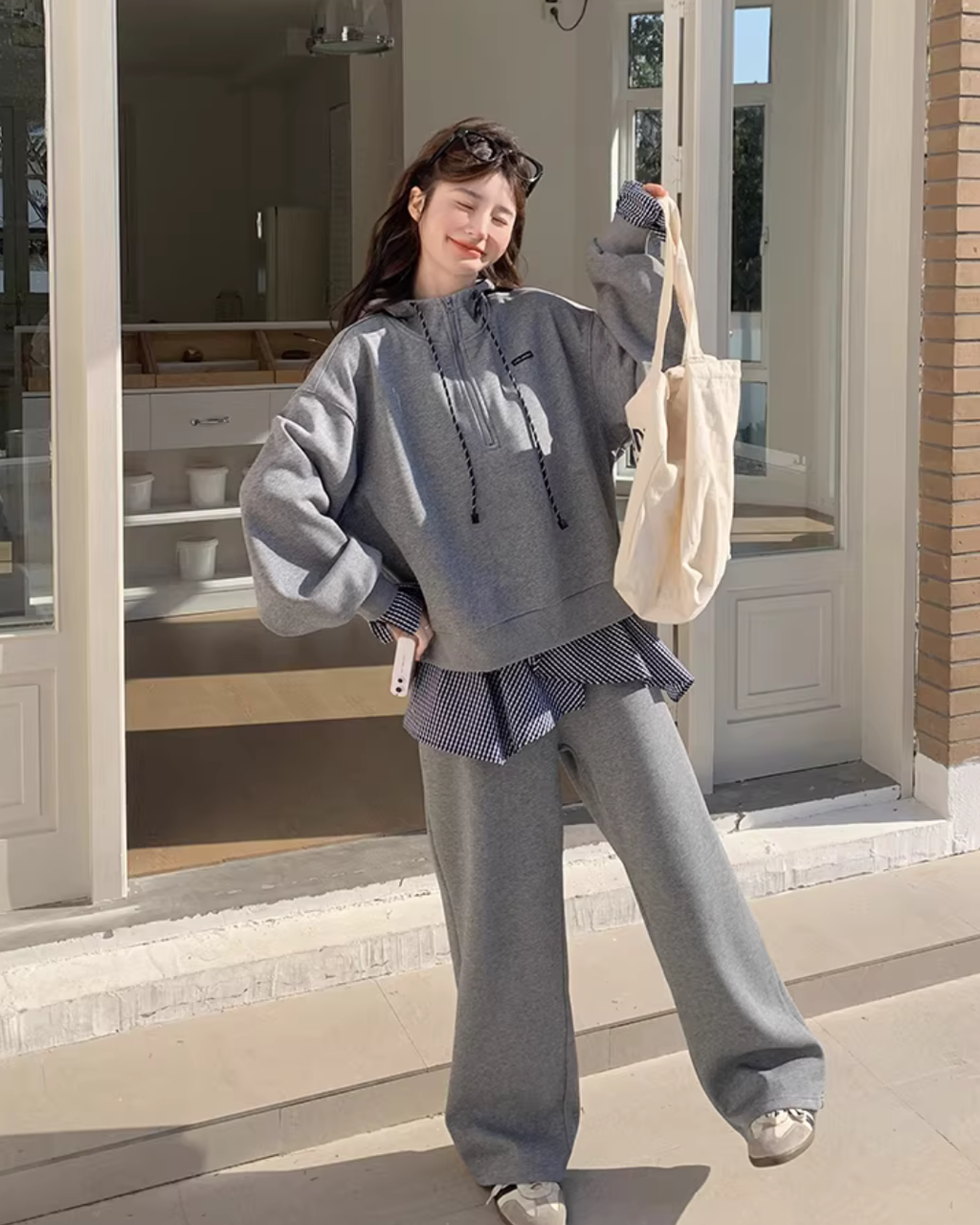 Gingham Check Half-Zip Hoodie / Wide Pants QAZ0065