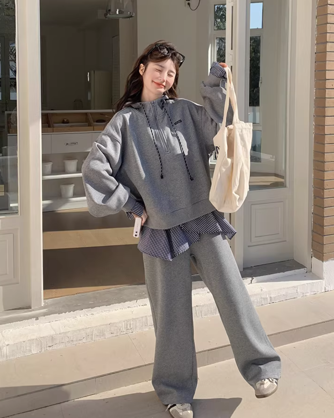 Gingham Check Half-Zip Hoodie / Wide Pants QAZ0065