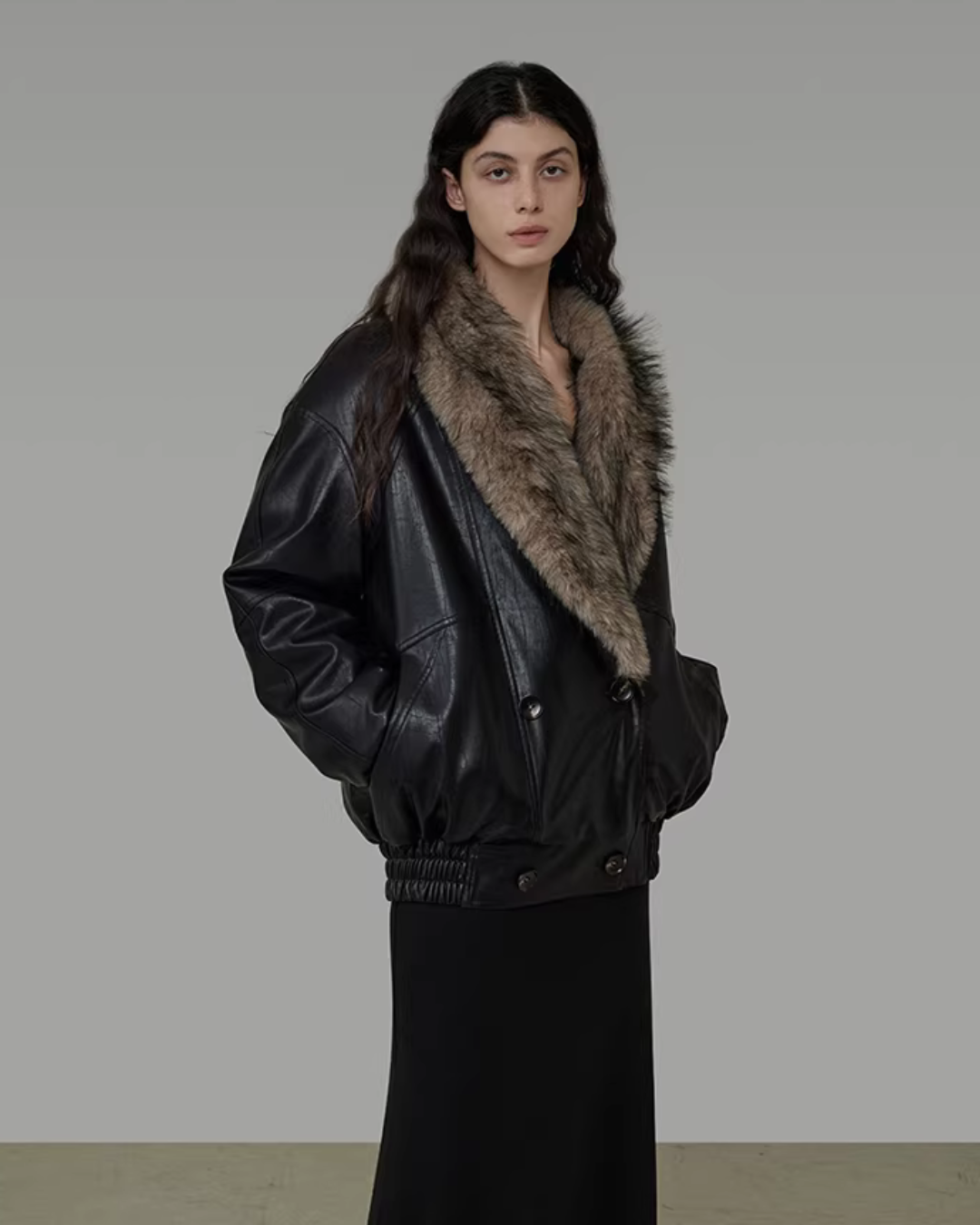 Fur Collar Leather Coat UNS0029