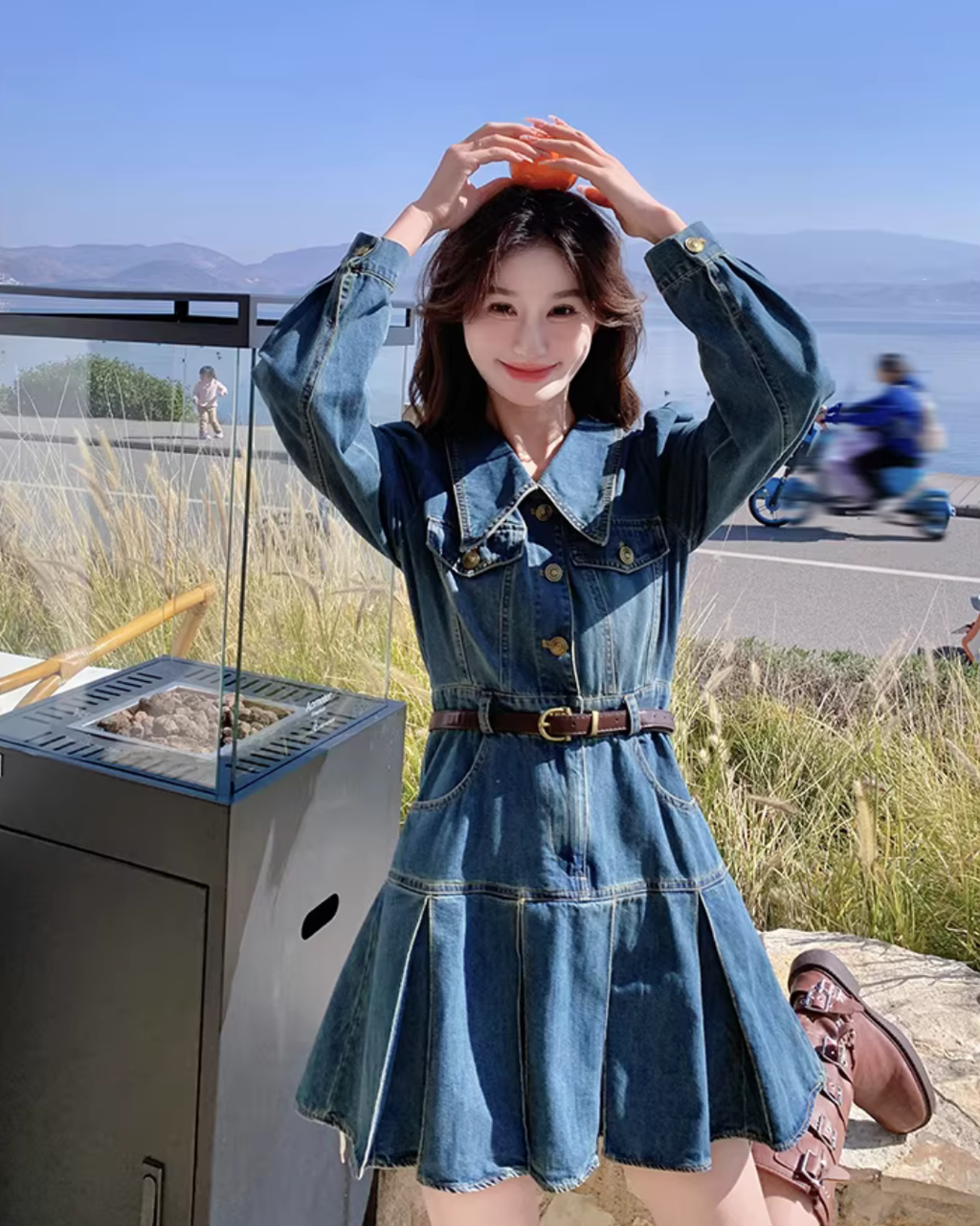 Big Collar Pleated Denim Dress QAZ0026