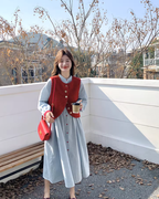 Red Vest / Layered Over Plaid Shirt Dress QAZ0005