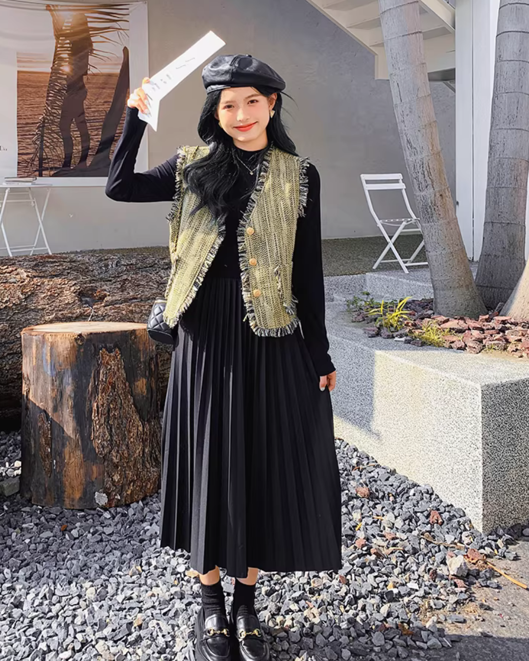 Mock Neck Dress / Tweed Gilet Tweed Vest QAZ0007