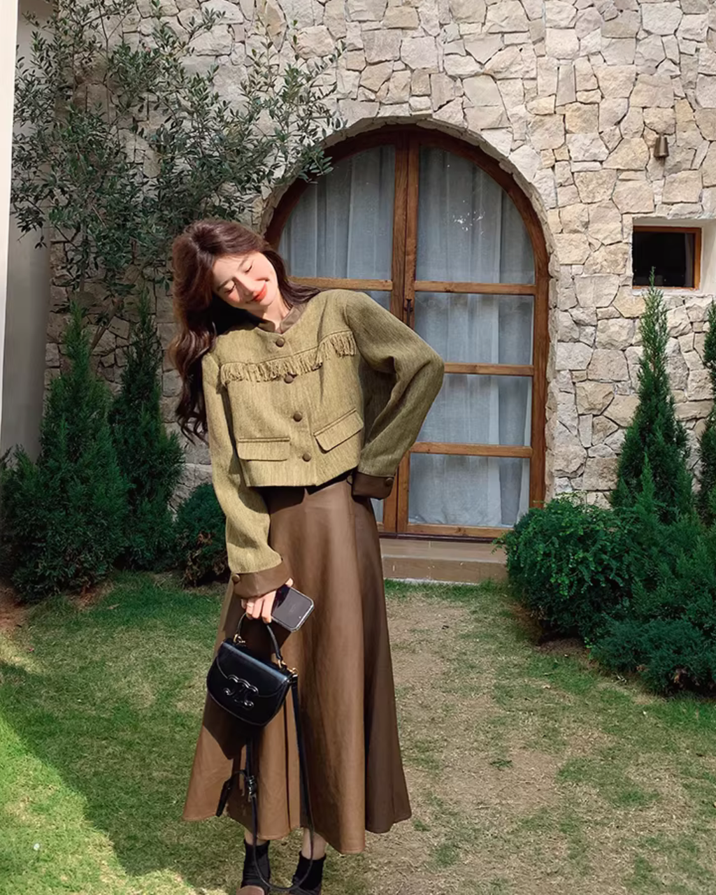 Chanel-Style Jacket / Brown Leather Skirt QAZ0015