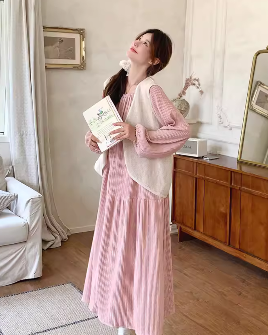 Puff Sleeve Long Dress / Beige Vest QAZ0025
