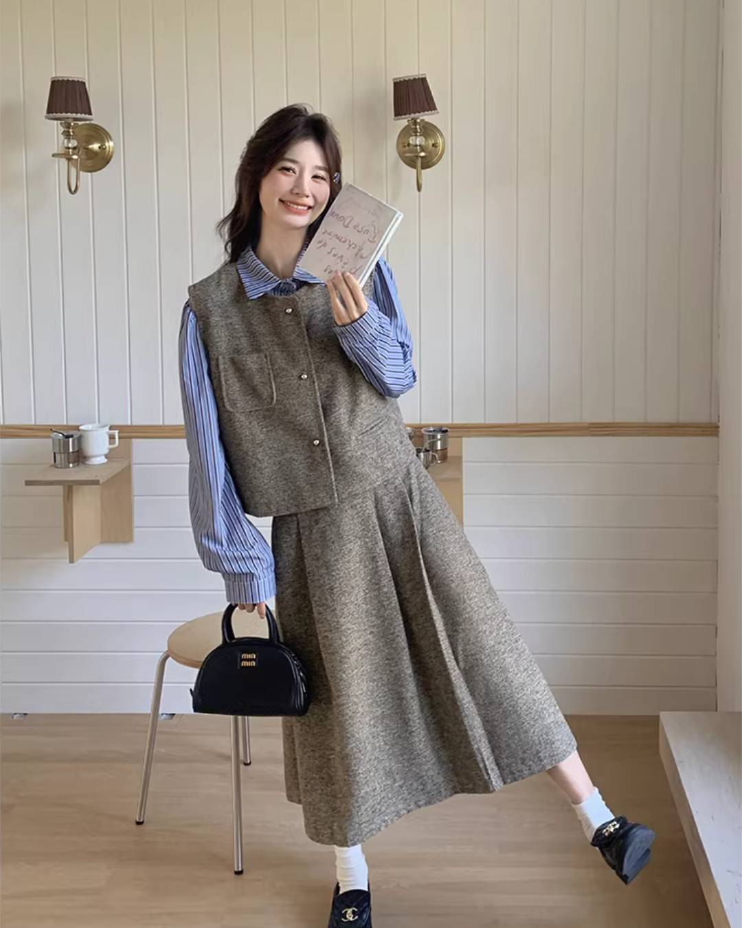 Tweed Vest / Tweed Long Skirt / Striped Shirt QAZ0080