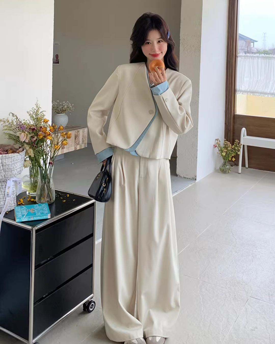 Beige Layered-Style Jacket / Wide-Leg Pants QAZ0010