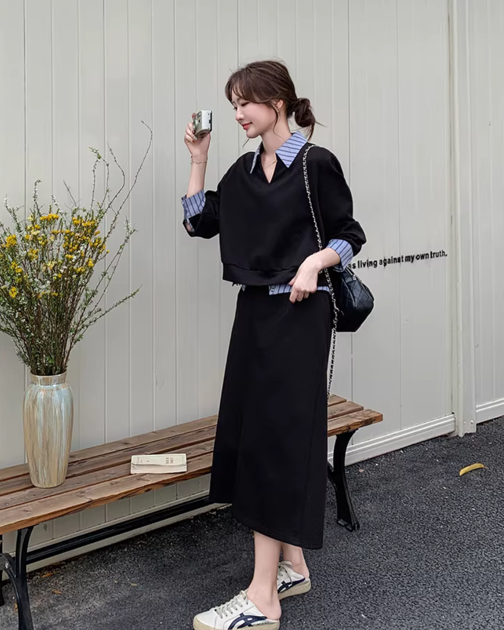 Key Neck Layered Style Top / Midi Skirt QAZ0054