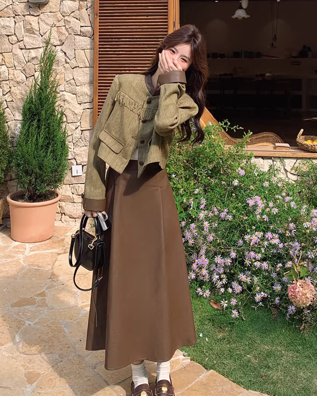 Chanel-Style Jacket / Brown Leather Skirt QAZ0015