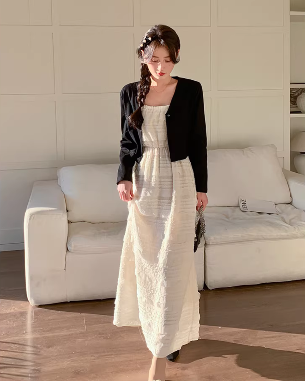 Square Neck Dress / No-Collar Short Jacket / Short-Sleeve T-Shirt QAZ0077