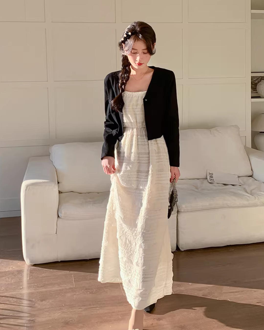 Square Neck Dress / No-Collar Short Jacket / Short-Sleeve T-Shirt QAZ0077