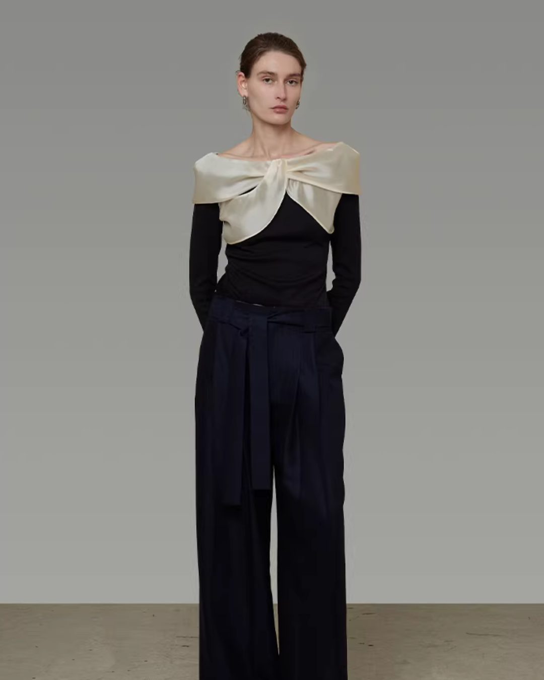 Satin Panel Off-Shoulder Knit UNS0037