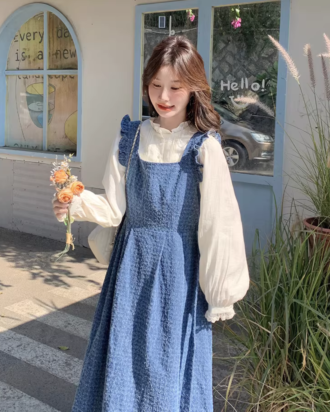 Vintage Denim Suspender Dress / Frilled Blouse QAZ0041
