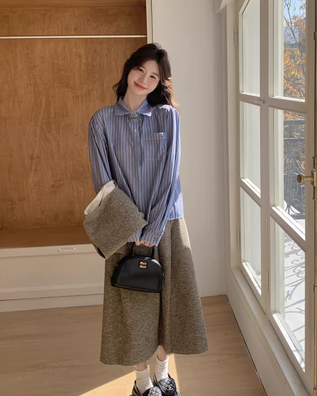 Tweed Vest / Tweed Long Skirt / Striped Shirt QAZ0080