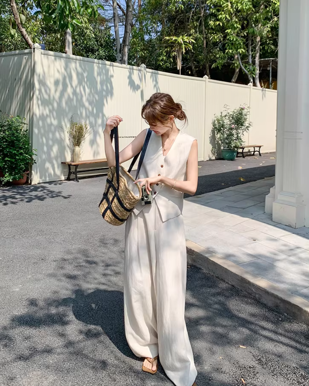 V-Neck Linen Vest / Wide Pants QAZ0091