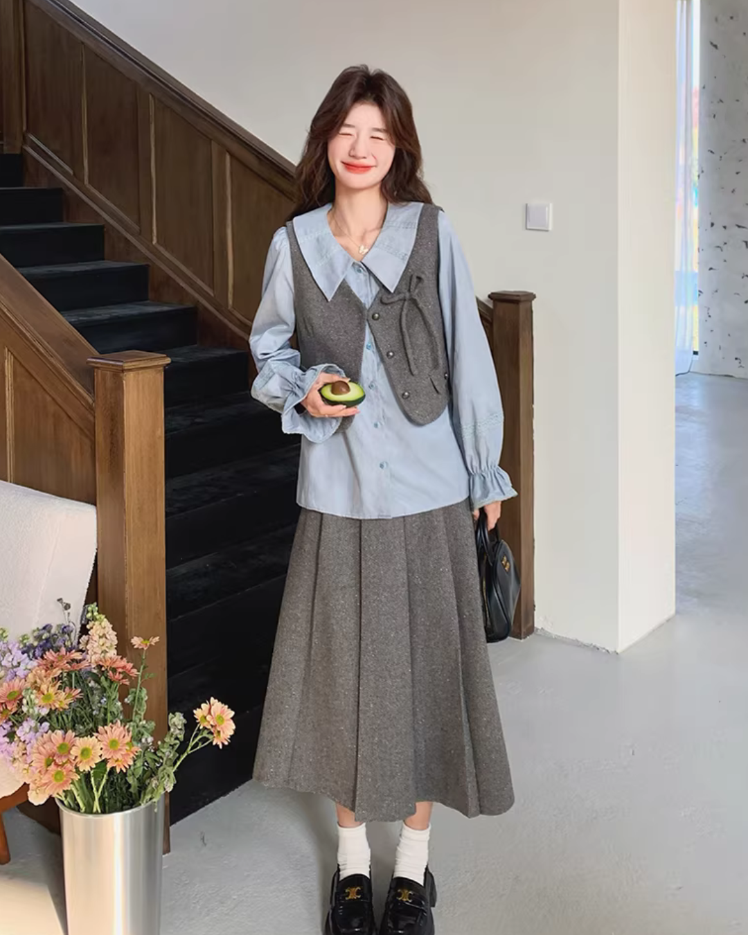 Classic Ribbon Vest / Pleated Skirt / Puff Sleeve Blouse QAZ0051