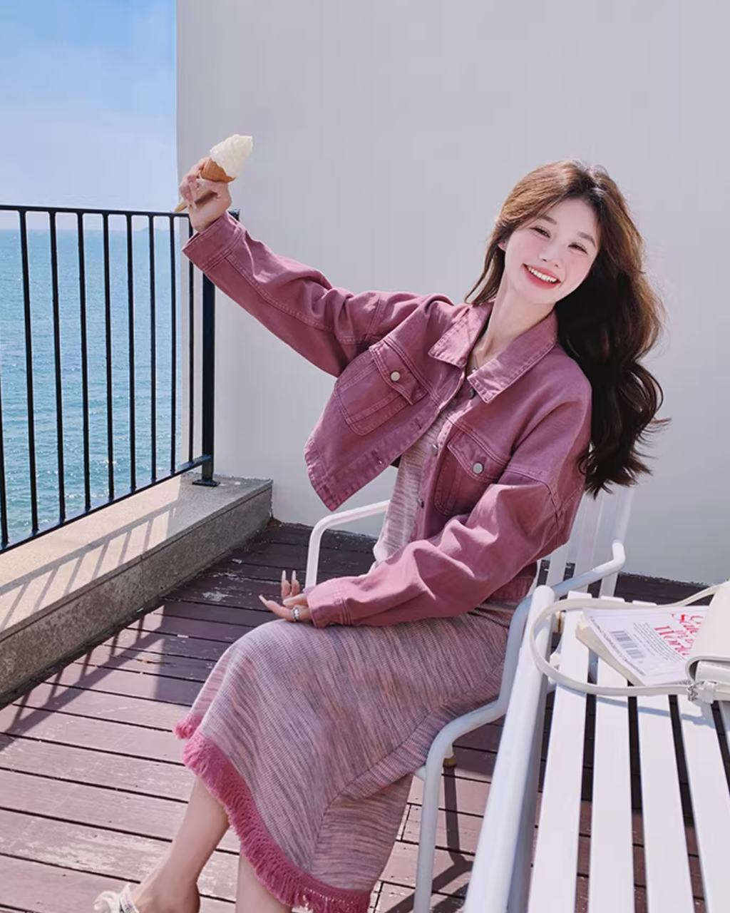 Short-Length Denim Jacket / Striped Camisole Dress QAZ0069