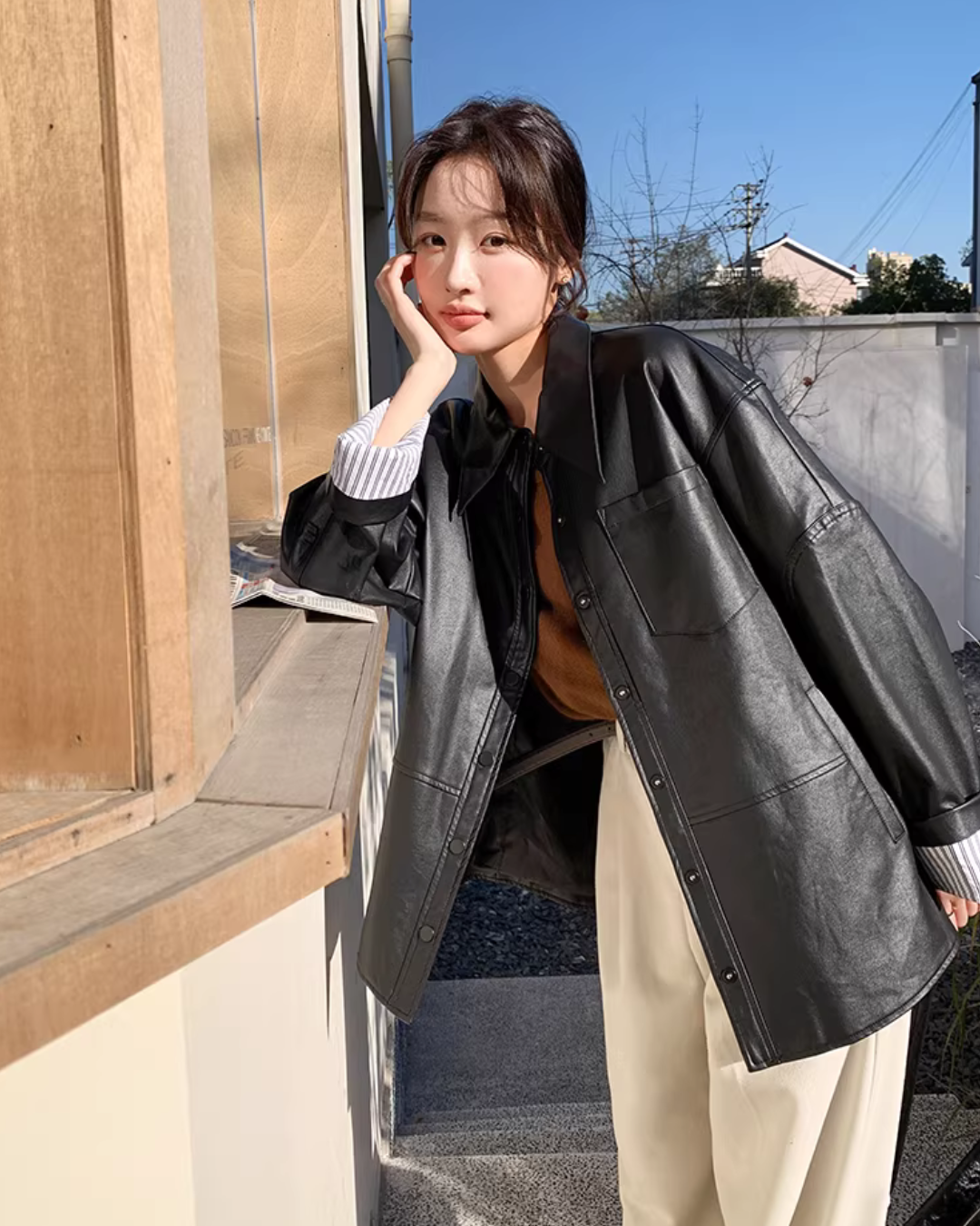 Stripe-Panel Leather Jacket QAZ0075