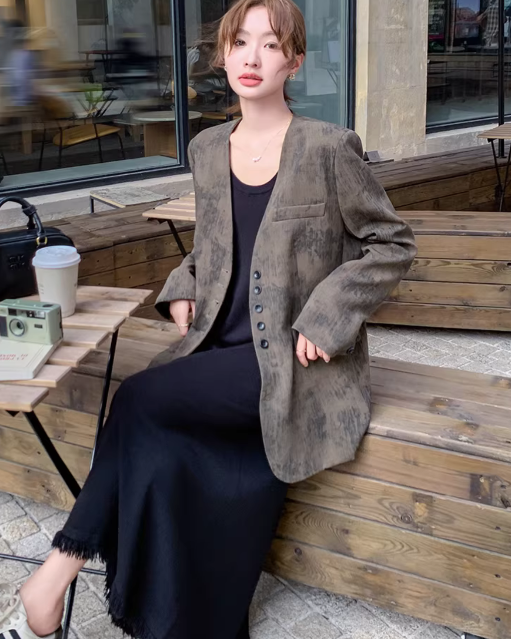 Bleached Effect Suit Jacket / Black Fringed Dress QAZ0004