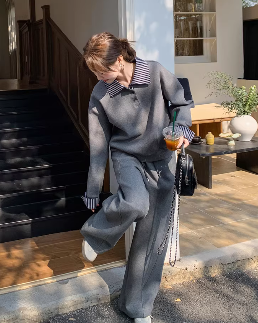 Stripe Switching Sweatshirt / Wide Pants QAZ0085