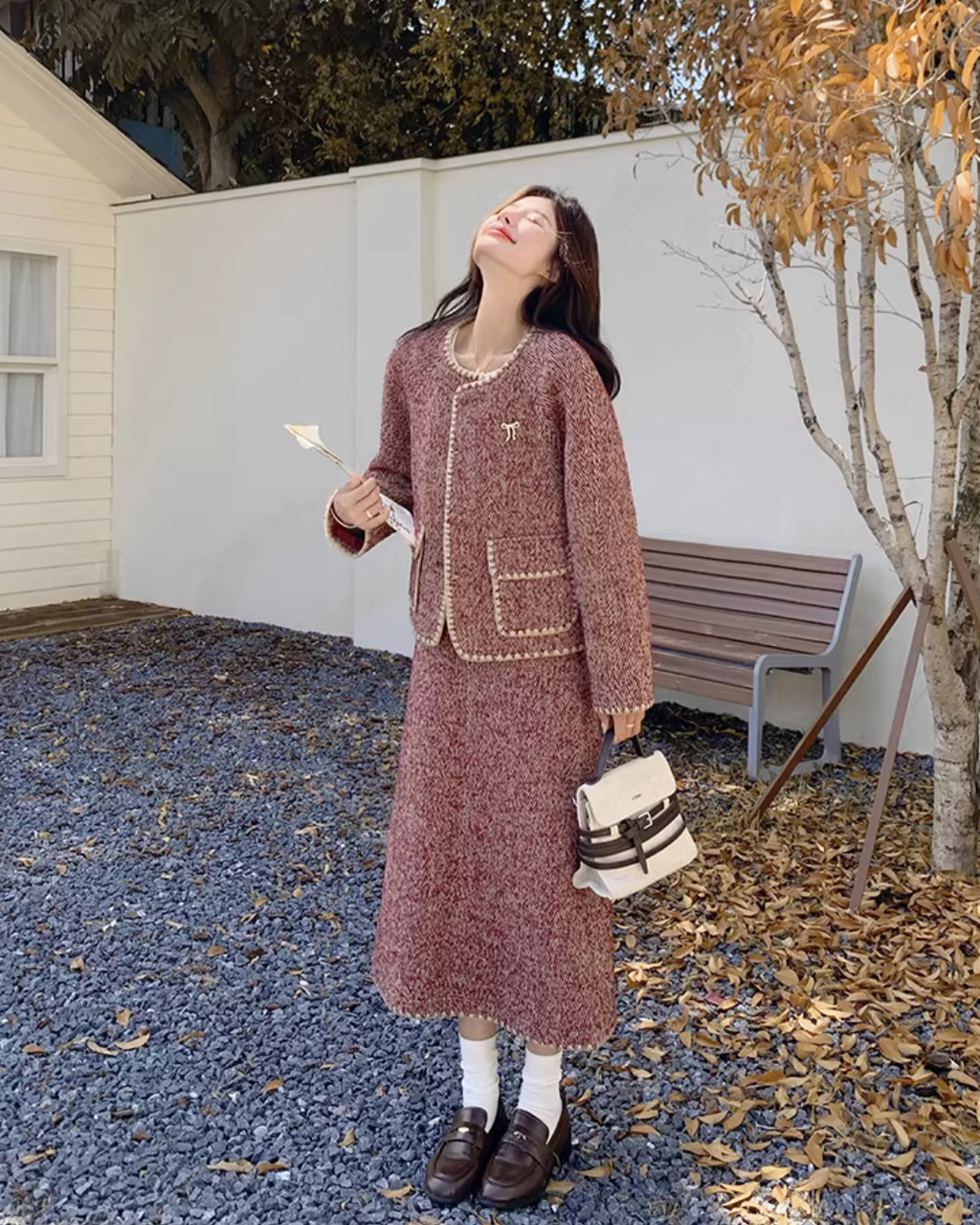 Red Wool Tweed Jacket / Long Skirt QAZ0046