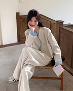Beige Layered-Style Jacket / Wide-Leg Pants QAZ0010
