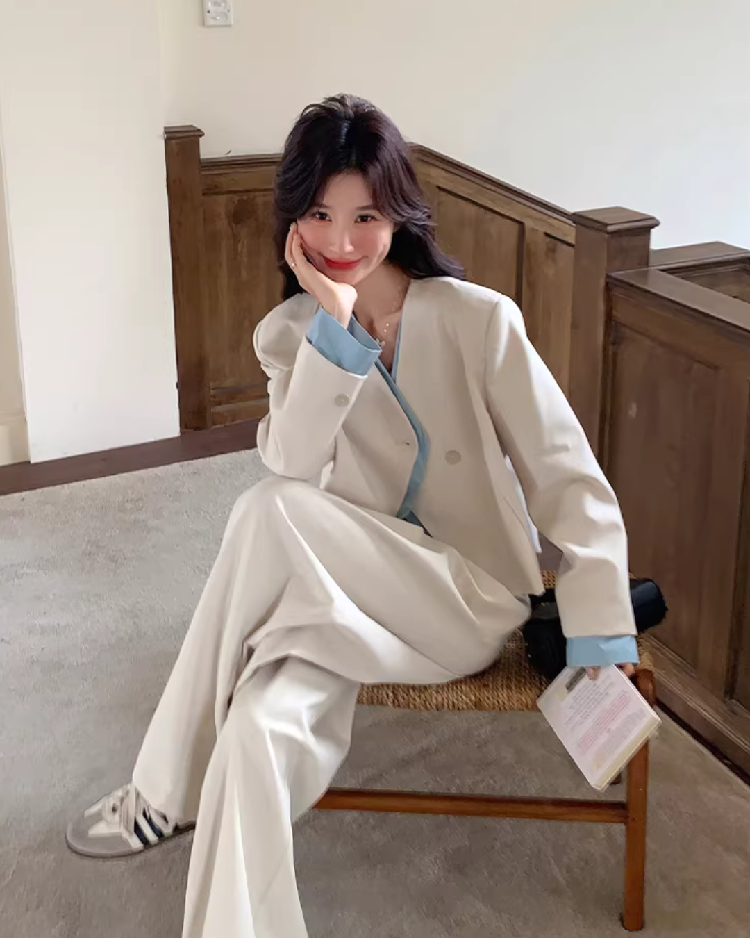 Beige Layered-Style Jacket / Wide-Leg Pants QAZ0010