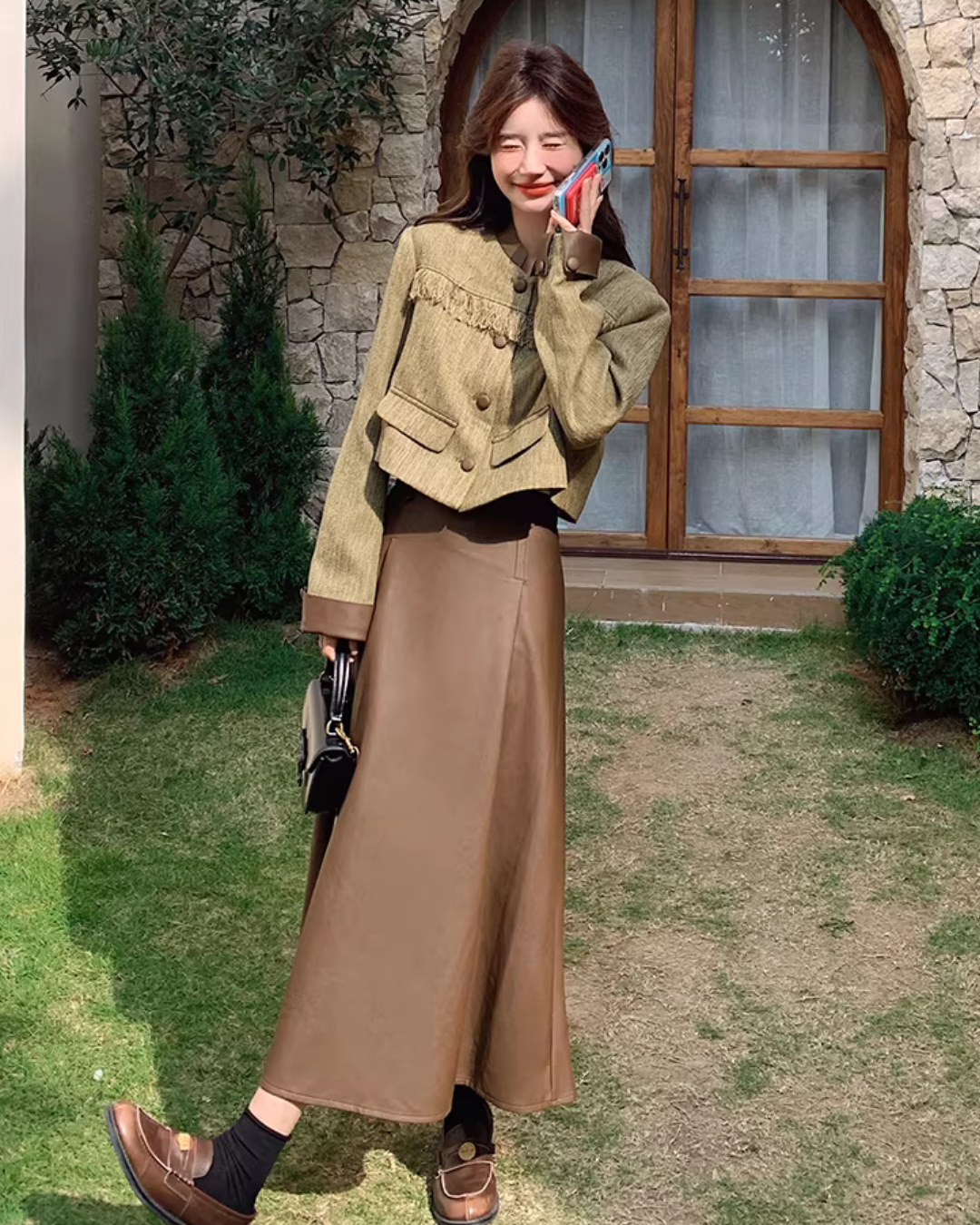 Chanel-Style Jacket / Brown Leather Skirt QAZ0015
