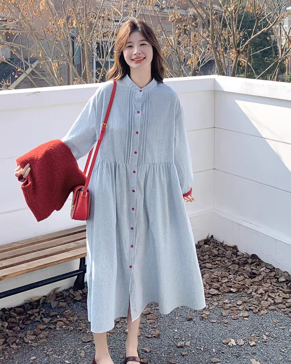 Red Vest / Layered Over Plaid Shirt Dress QAZ0005