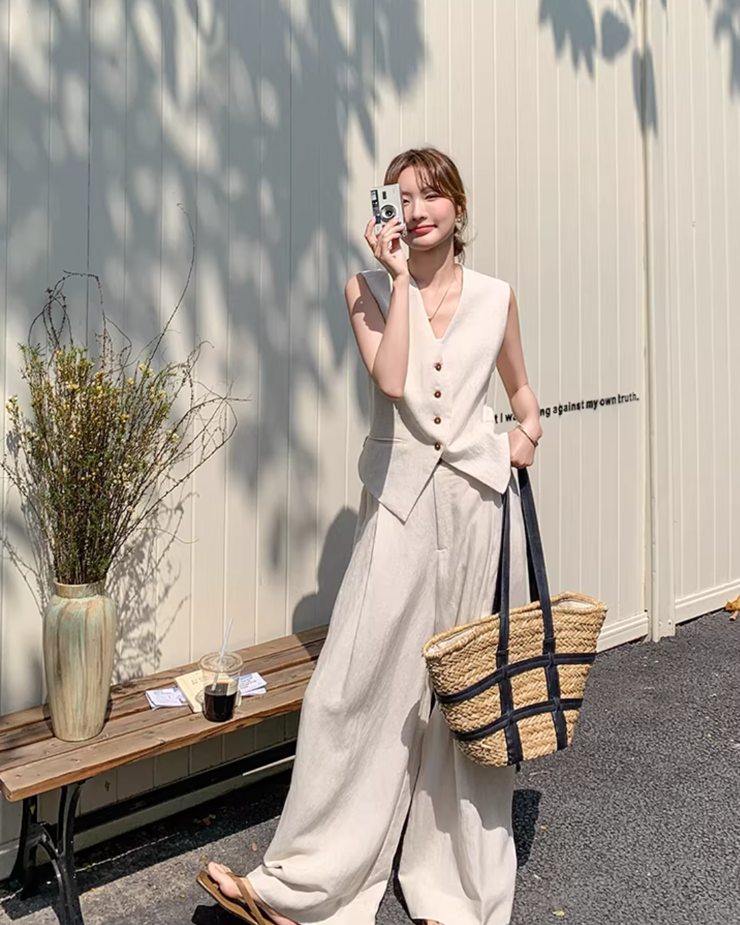 Linen V-neck Vest / Wide Pants QAZ0089
