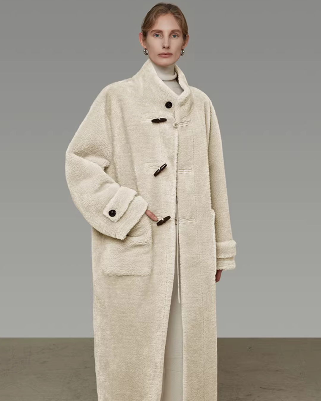 Stand Collar Toggle Fur Coat UNS0002