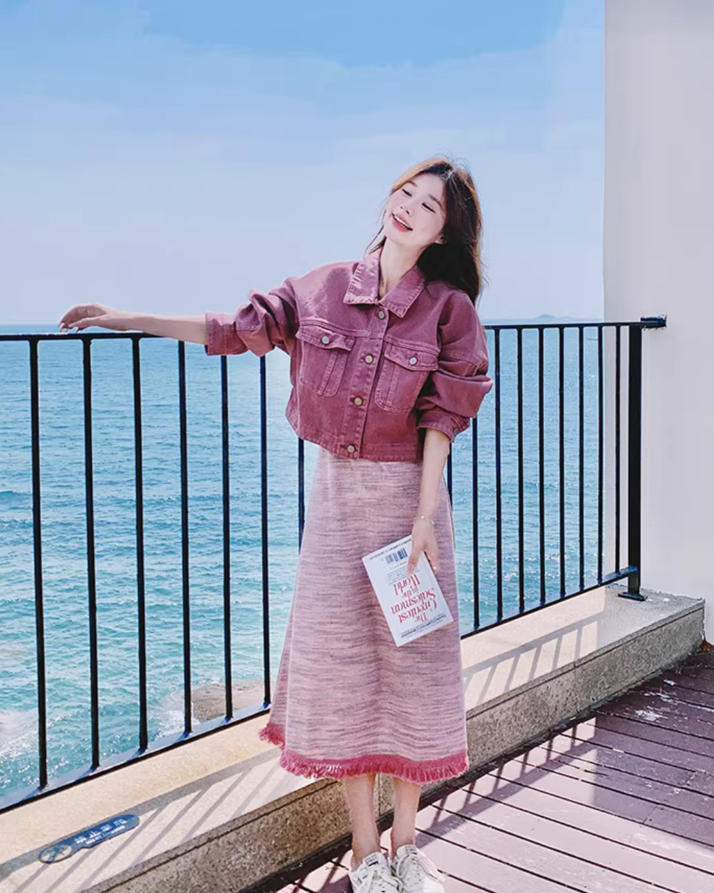 Short-Length Denim Jacket / Striped Camisole Dress QAZ0069