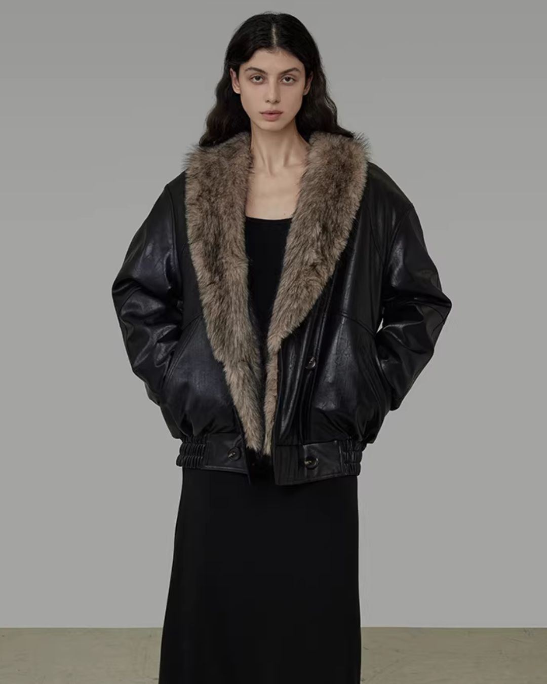 Fur Collar Leather Coat UNS0029