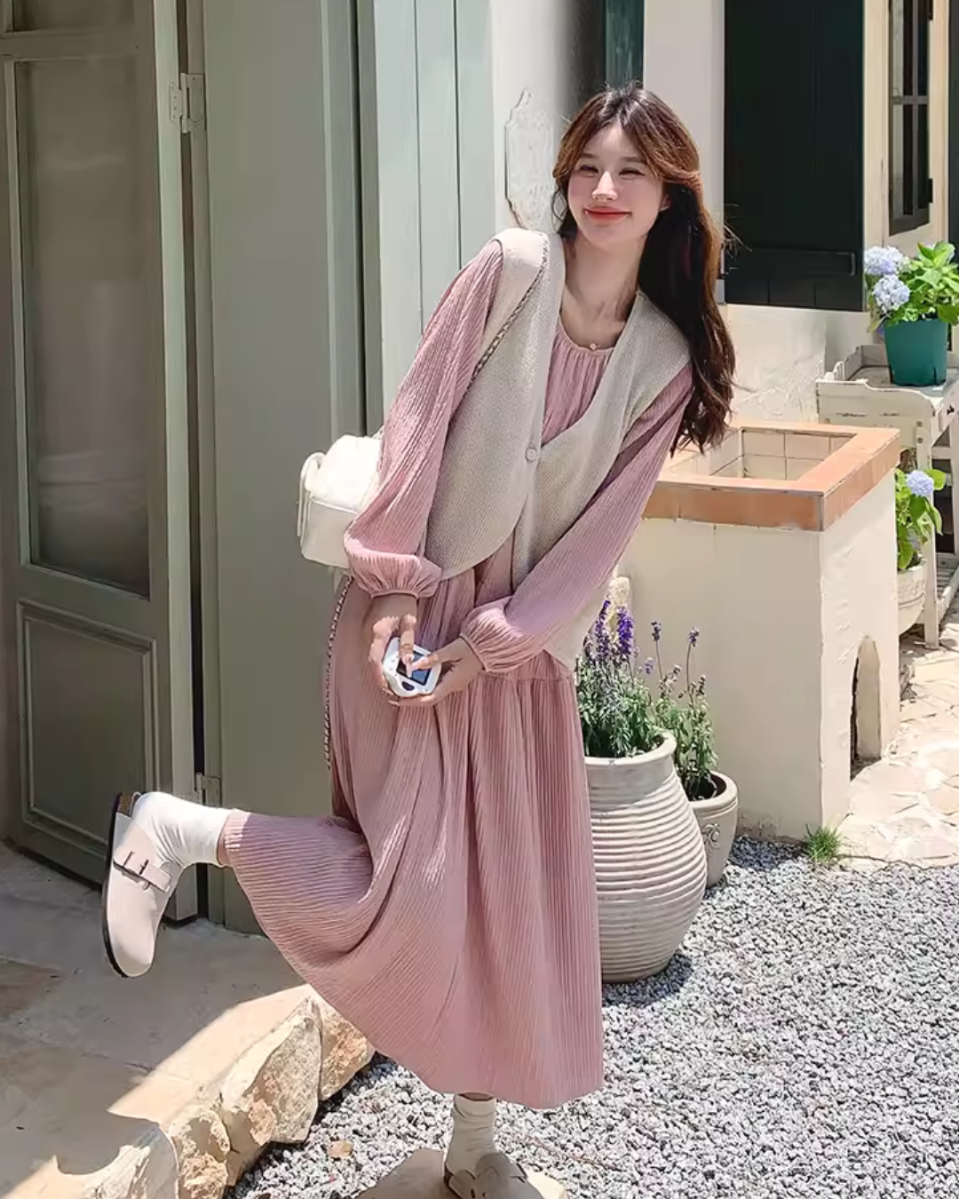 Puff Sleeve Long Dress / Beige Vest QAZ0025