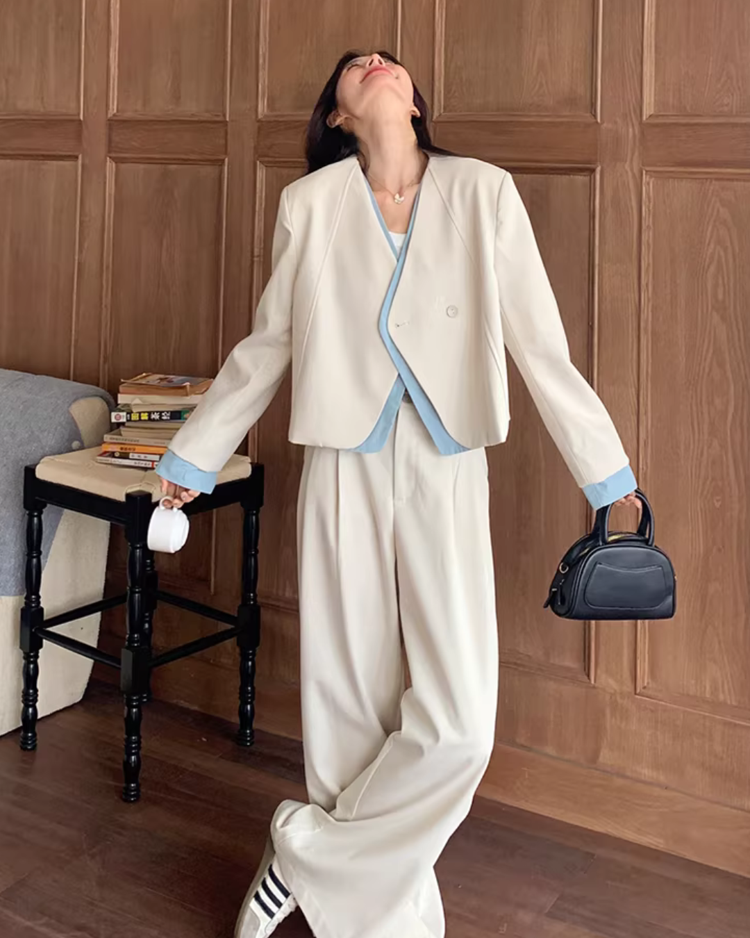 Beige Layered-Style Jacket / Wide-Leg Pants QAZ0010
