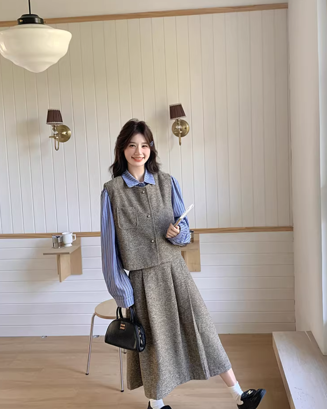 Tweed Vest / Tweed Long Skirt / Striped Shirt QAZ0080