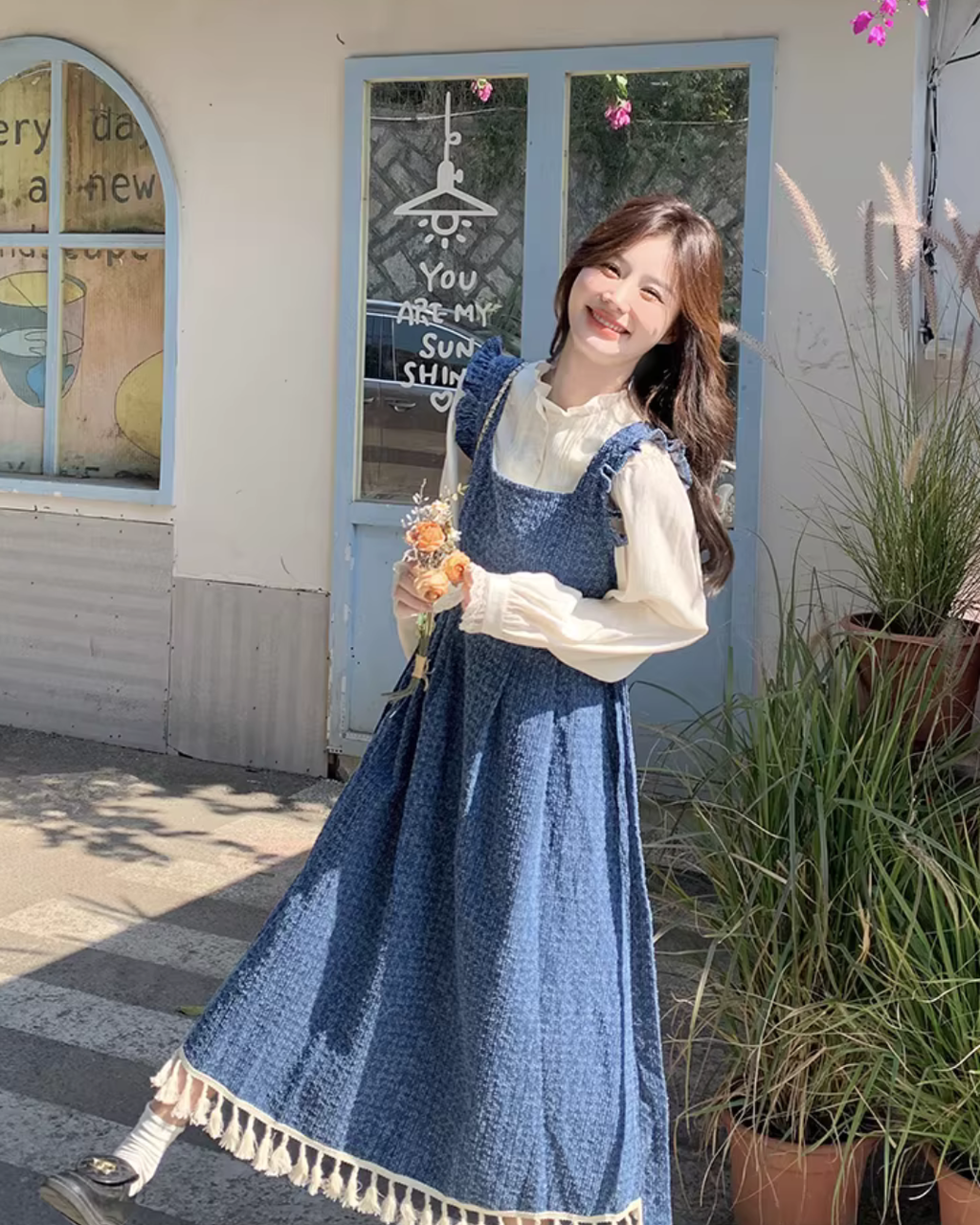 Vintage Denim Suspender Dress / Frilled Blouse QAZ0041