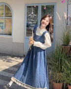 Vintage Denim Suspender Dress / Frilled Blouse QAZ0041