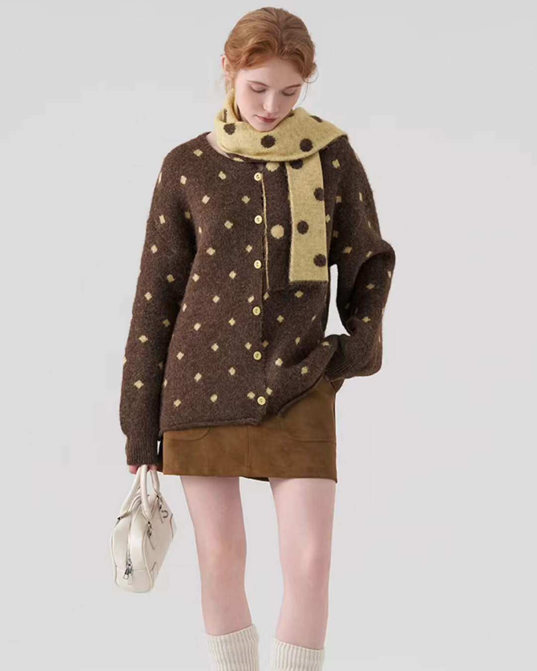 Polka Dot Knit Top with Scarf JIU0051