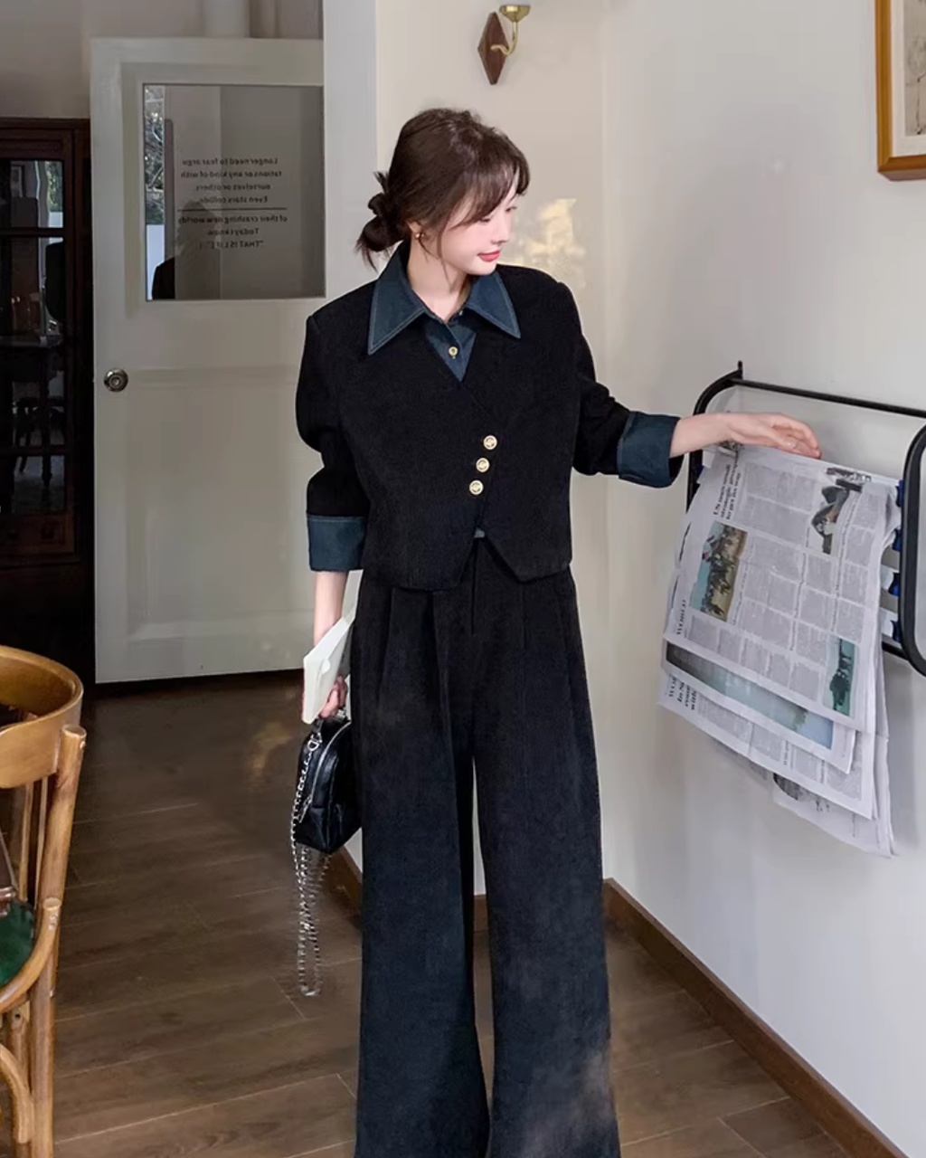 Denim Shirt Layered Style Jacket / Wide Pants QAZ0088