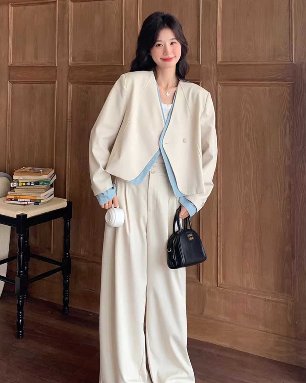 Beige Layered-Style Jacket / Wide-Leg Pants QAZ0010