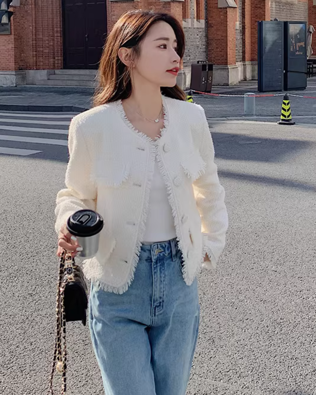 Fringe No-Collar Tweed Jacket QAZ0040