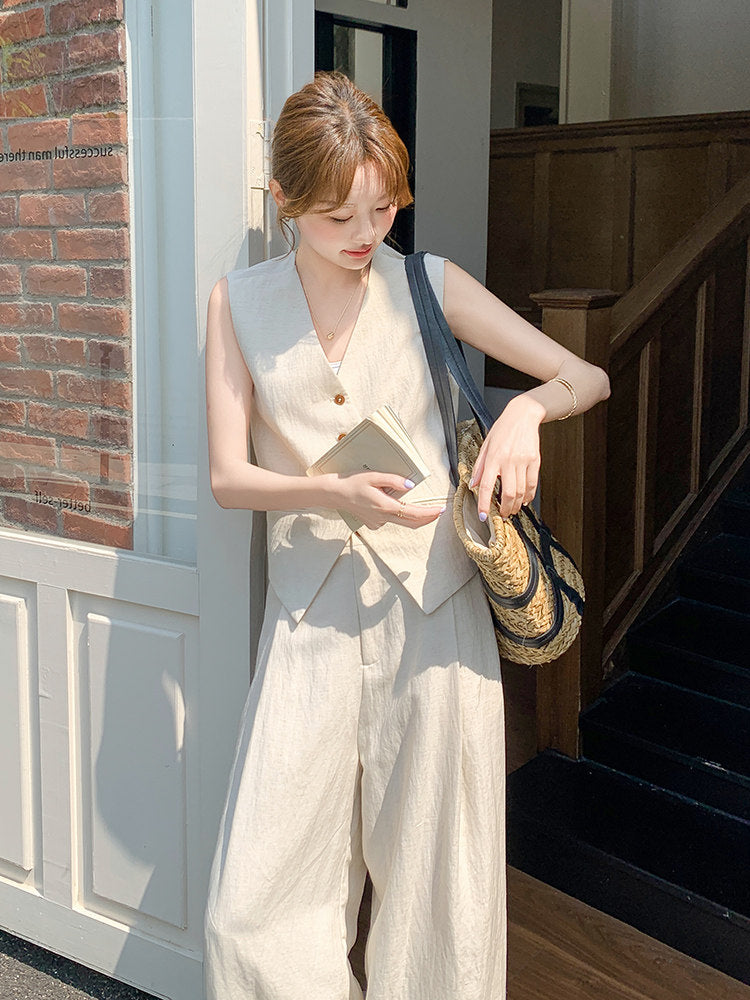 Linen V-neck Vest / Wide Pants QAZ0089