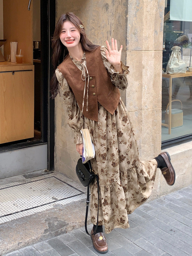 Retro Floral Long Dress / Suede Style Vest QAZ0053