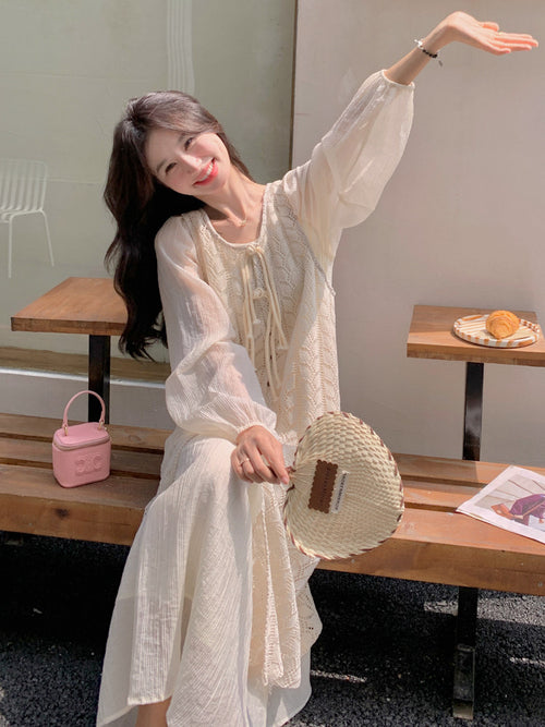 Crochet-style Long Dress / Puff Sleeve Long Dress QAZ0072