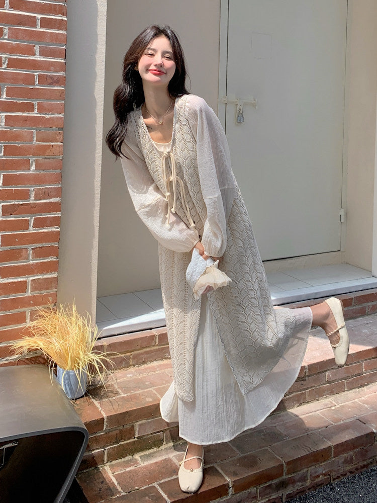 Crochet-style Long Dress / Puff Sleeve Long Dress QAZ0072