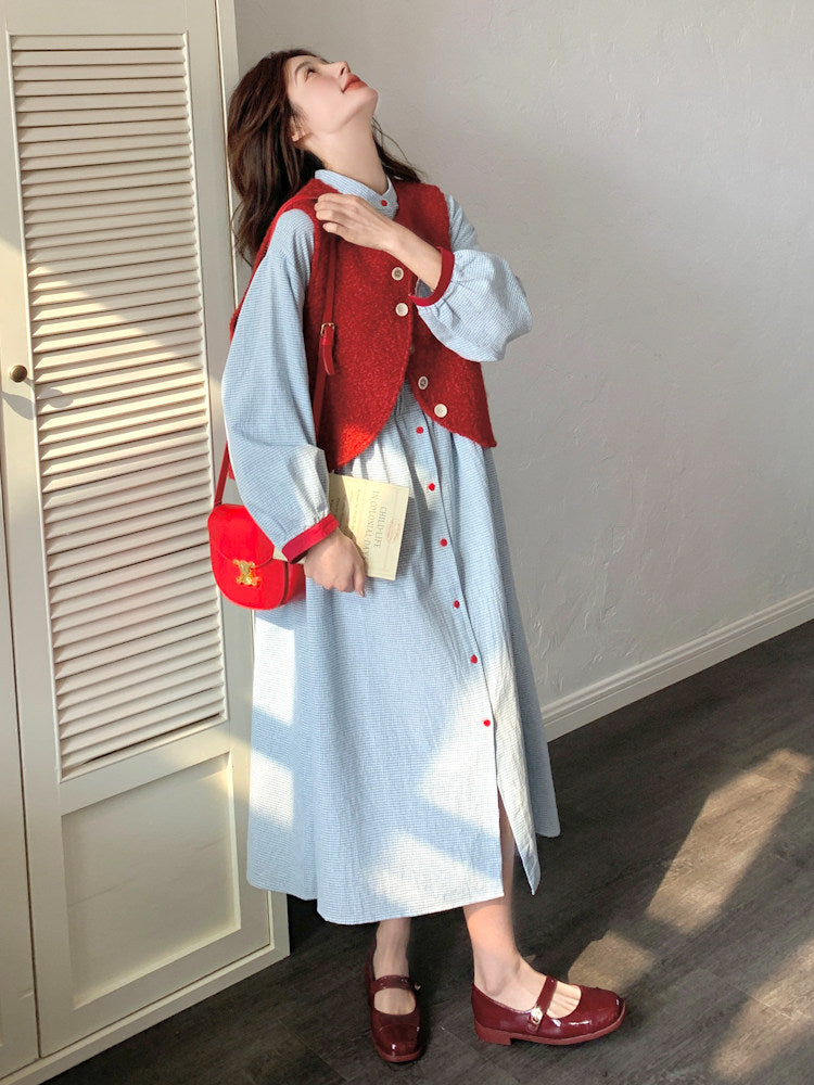 Red Vest / Layered Over Plaid Shirt Dress QAZ0005