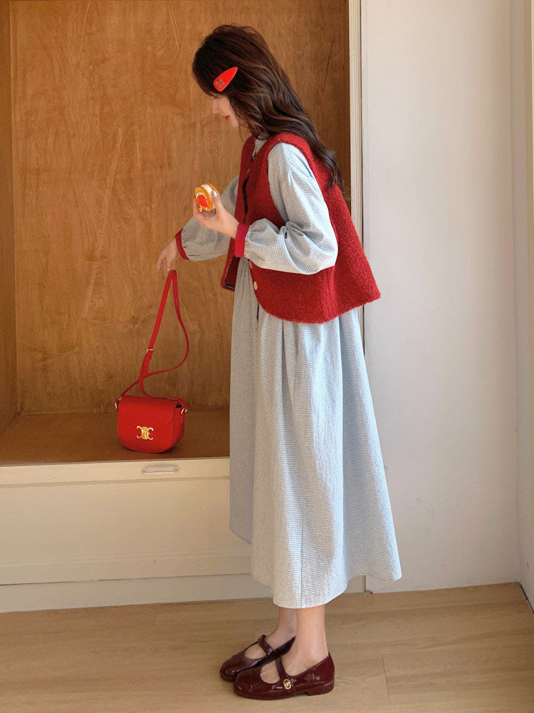 Red Vest / Layered Over Plaid Shirt Dress QAZ0005