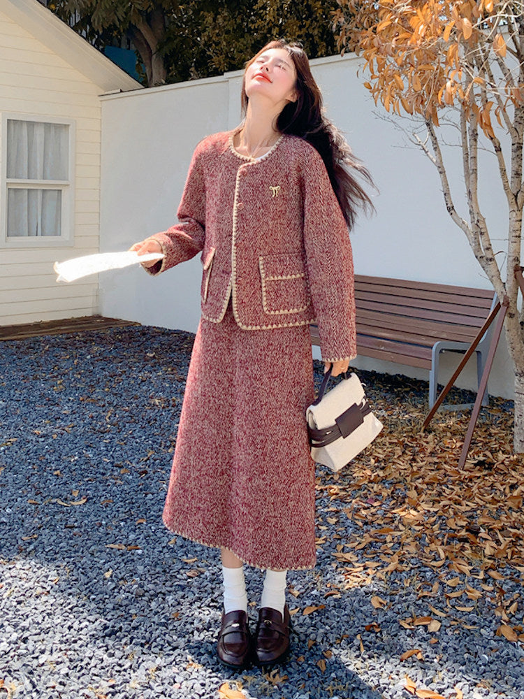 Red Wool Tweed Jacket / Long Skirt QAZ0046