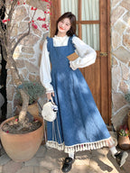 Vintage Denim Suspender Dress / Frilled Blouse QAZ0041